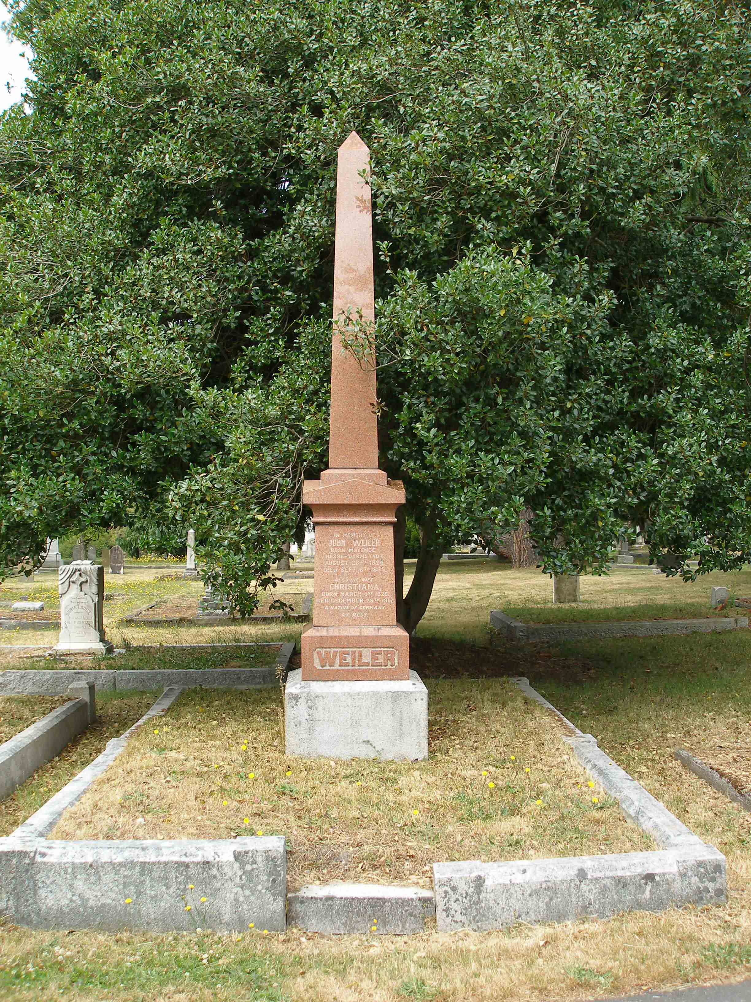 John Weiler grave marker, Ross Bay Cemetery